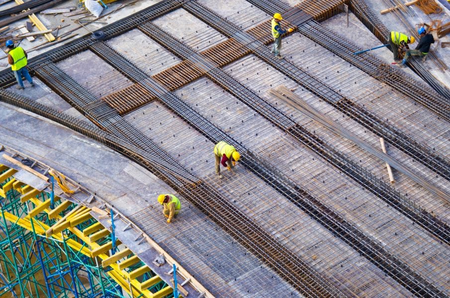 Reinforcing steel and formwork prepared for a commercial concrete foundation.