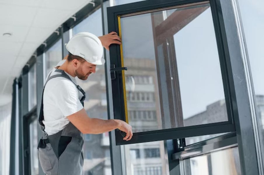 Modern commercial glass door with metal frame, lock, and pull-handle hardware.