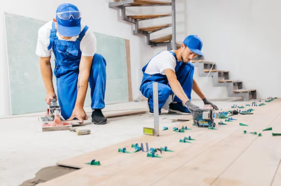 Commercial flooring installation with finished surfaces, transitions, and room-by-room material changes.