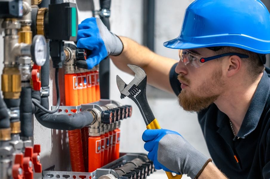 Commercial plumbing installation with organized piping, valves, and equipment.