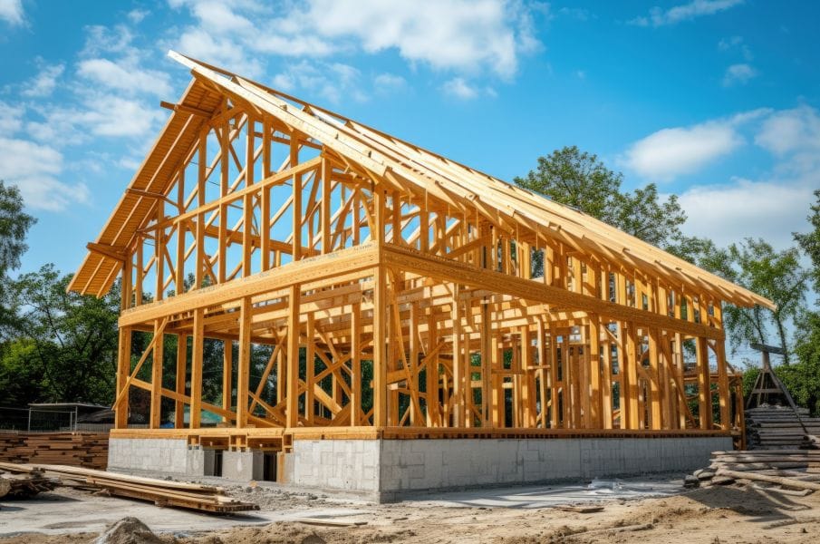 Multifamily wood-frame construction with studs, floor joists, sheathing, and roof framing.