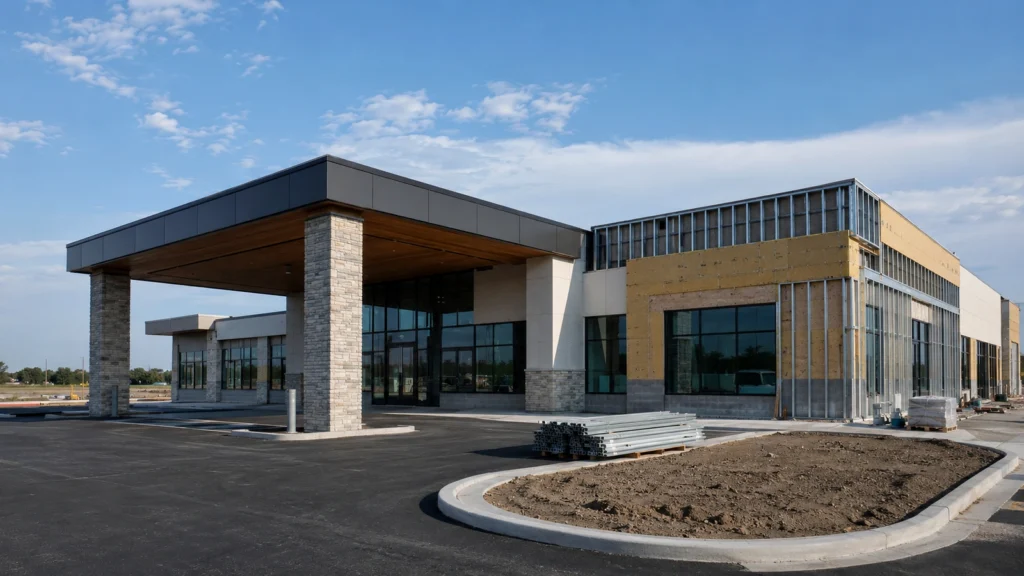 Clinic and outpatient facility under construction with entrance canopy, glazing, unfinished facade, and site improvements.