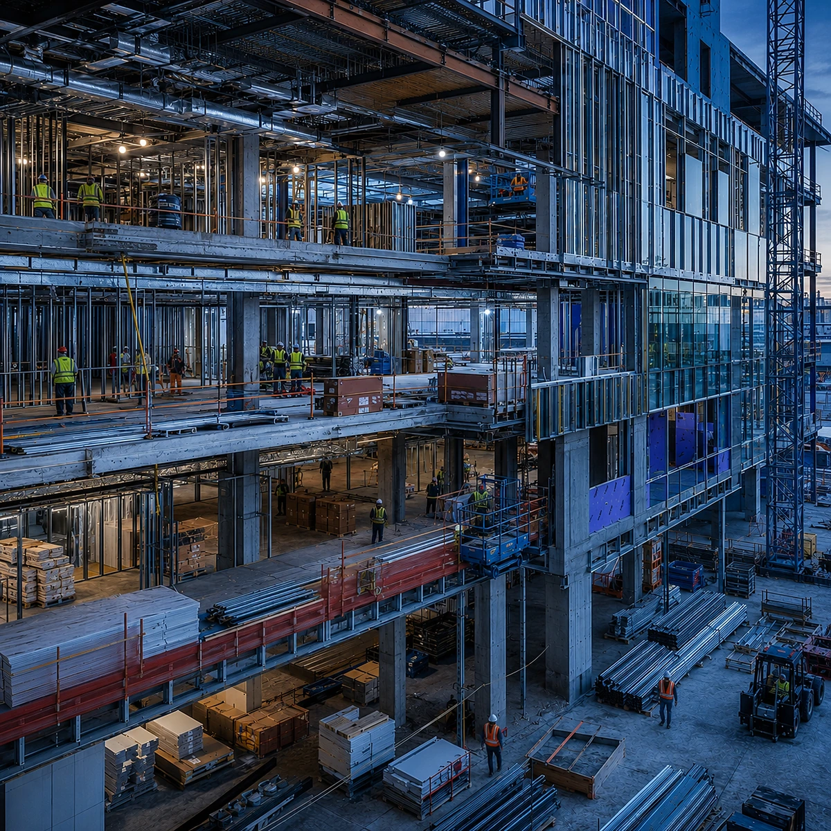 Multi-level commercial building under construction with exposed floors, interior framing, facade work, and staged materials.