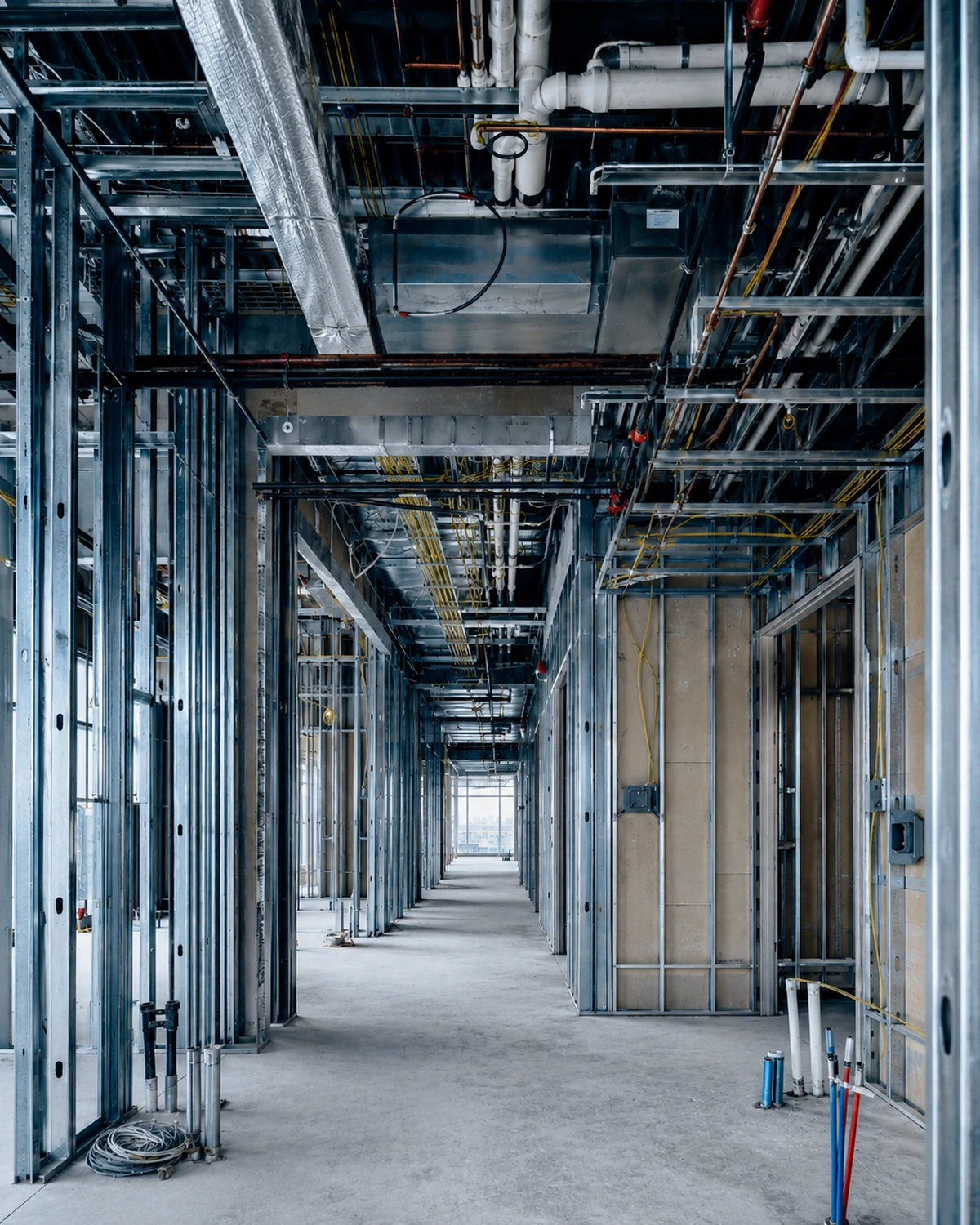 Commercial interior under construction with metal studs, HVAC ductwork, plumbing, electrical rough-in, and unfinished floors.