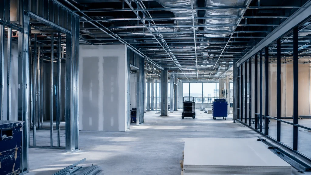 Commercial tenant improvement interior with metal stud framing, ceiling grid, ductwork, and drywall installation.