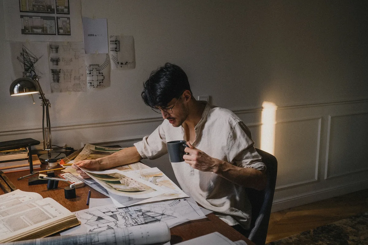 Estimator working at a desk with construction plans for dedicated estimating support
