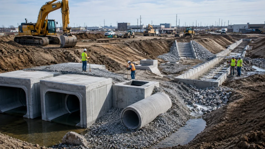 Underground utility construction with open trenching, manholes, large pipes, shoring, gravel bedding, and excavators.