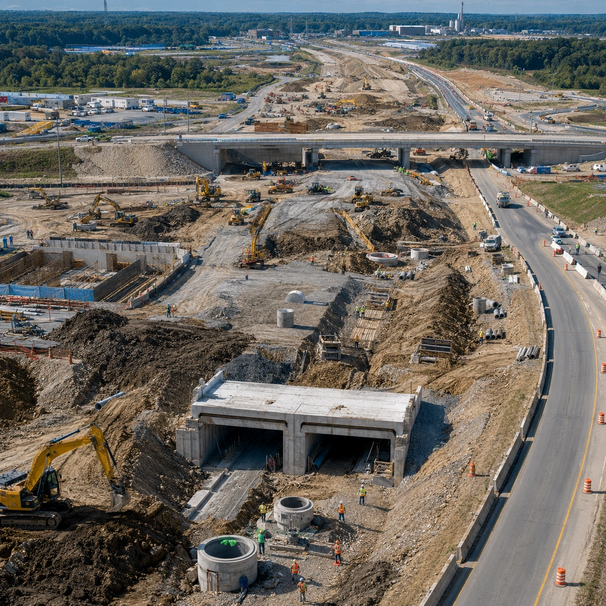 Large civil construction project showing phased roadway work, utilities, drainage, concrete structures, grading, and multiple coordinated work zones.