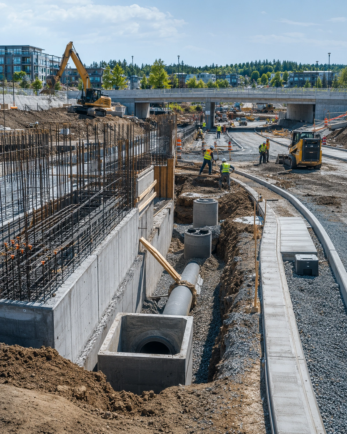 Government and civil construction scope with reinforced concrete, utility piping, drainage structures, curbs, roadway work, and public infrastructure.