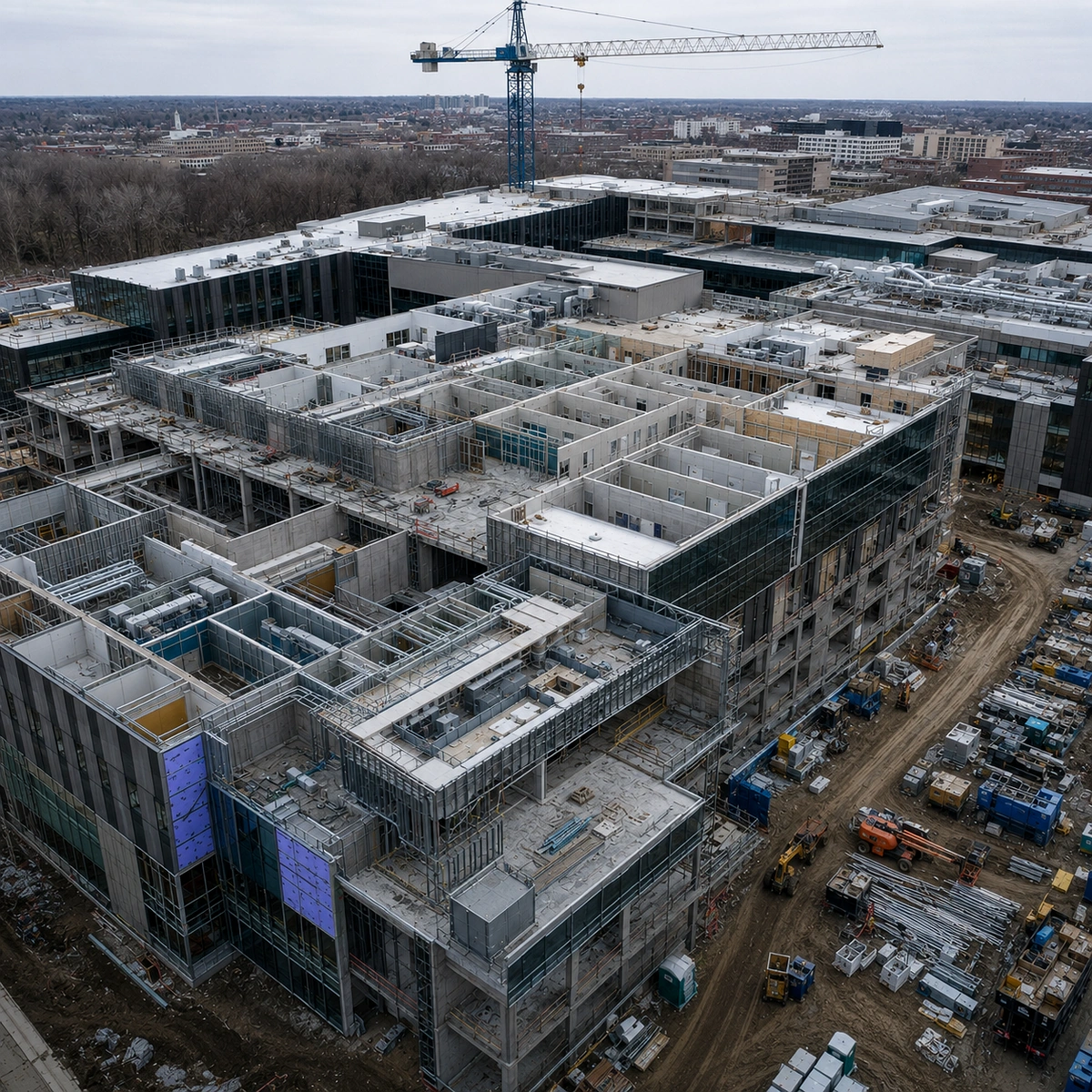 Complex healthcare and institutional construction site with phased rooms, dense MEP systems, rooftop equipment, and multiple work areas.