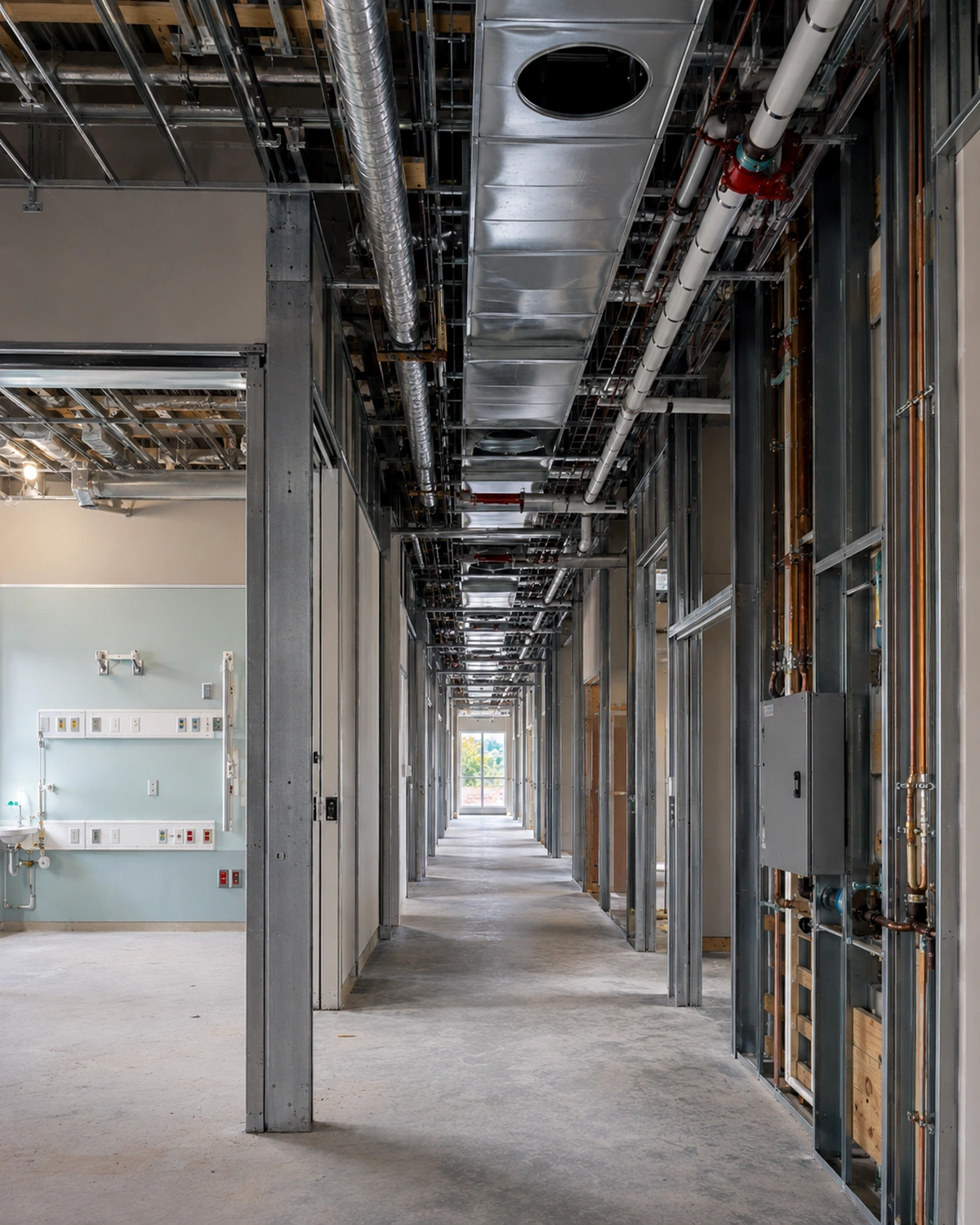 Healthcare interior under construction with wall framing, HVAC ductwork, plumbing, electrical systems, and clinical room rough-ins.