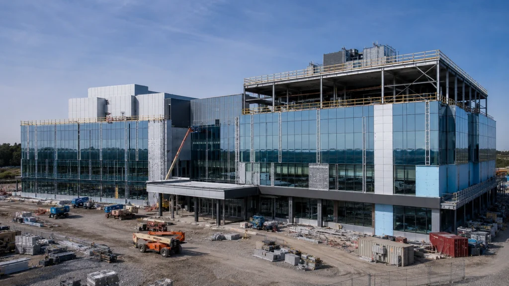 Hospital and medical center under construction with curtain wall glazing, rooftop mechanical systems, and active site work.