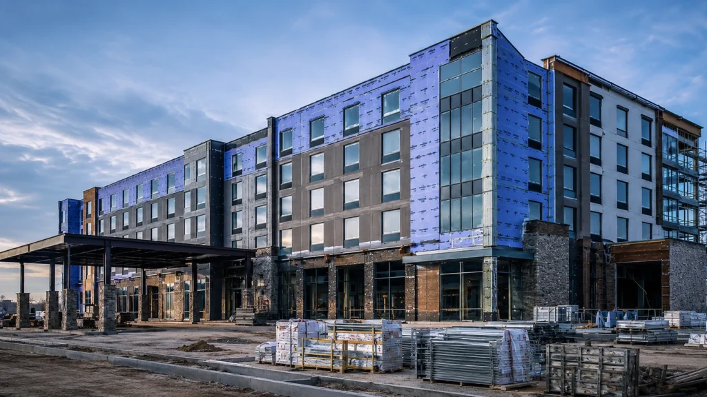 Hotel building under construction with guest-room windows, exterior sheathing, and an entrance canopy.