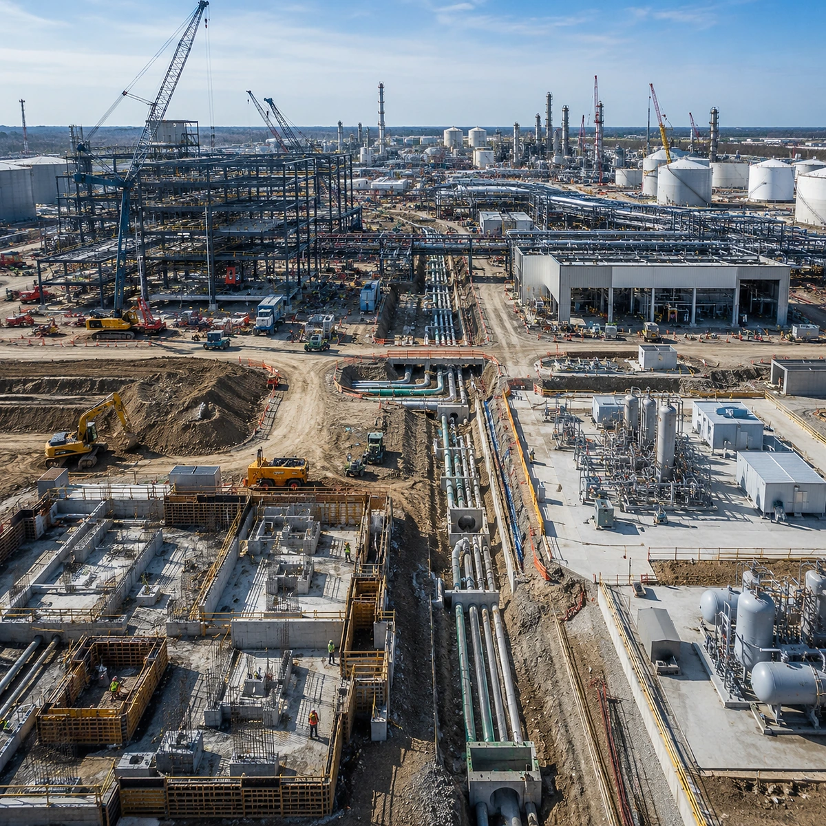 Large industrial construction site showing foundations, underground utilities, structural steel, pipe racks, cranes, and multiple work phases.