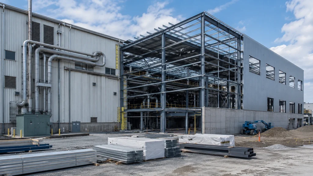 Existing industrial facility connected to a new steel-framed expansion with exposed piping and staged materials.