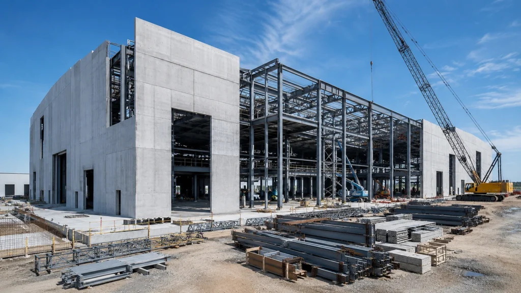 Manufacturing facility under construction with concrete wall panels, structural steel framing, crane activity, and staged materials.
