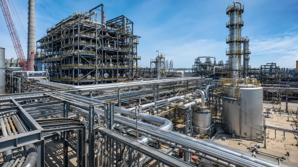 Industrial processing plant with pipe racks, process vessels, catwalks, towers, and structural steel systems.