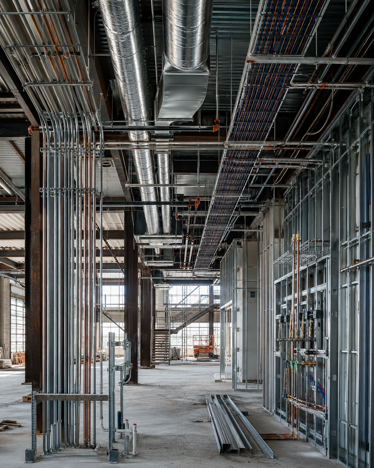 Industrial building interior under construction with HVAC ducts, piping, conduit, cable trays, wall framing, and unfinished floors.