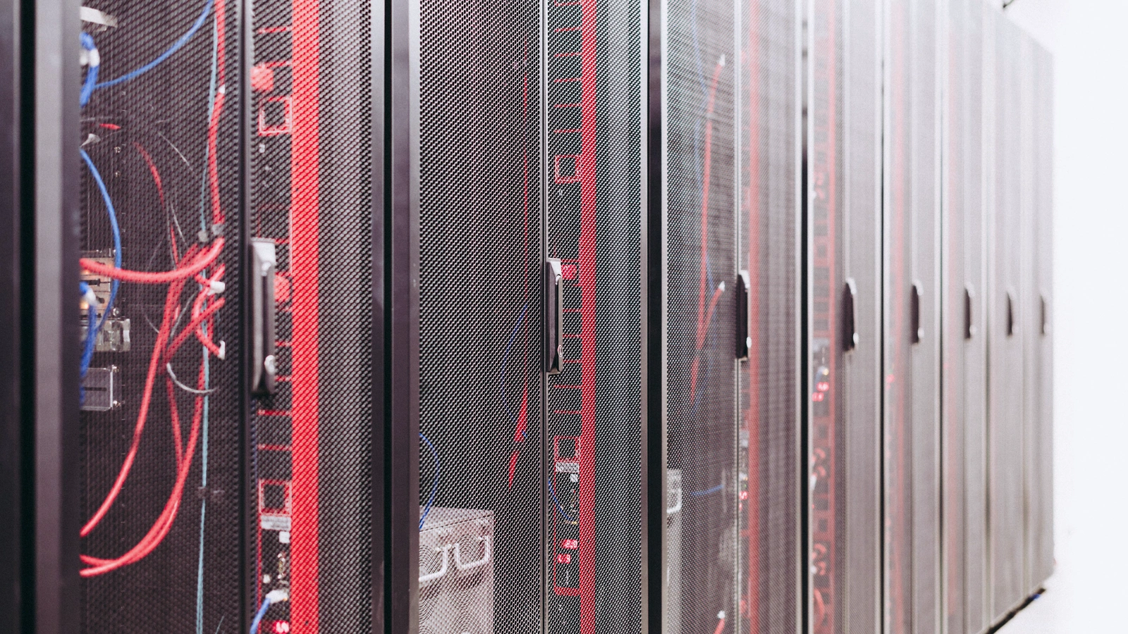 Network racks and structured cabling inside a commercial data and communications room.