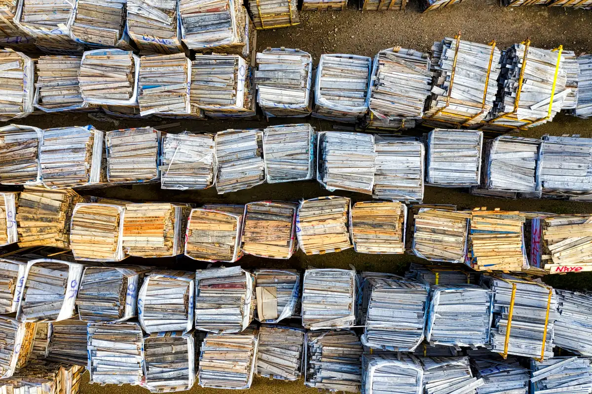 Organized building materials and pallets at a warehouse in Lake City, Minnesota