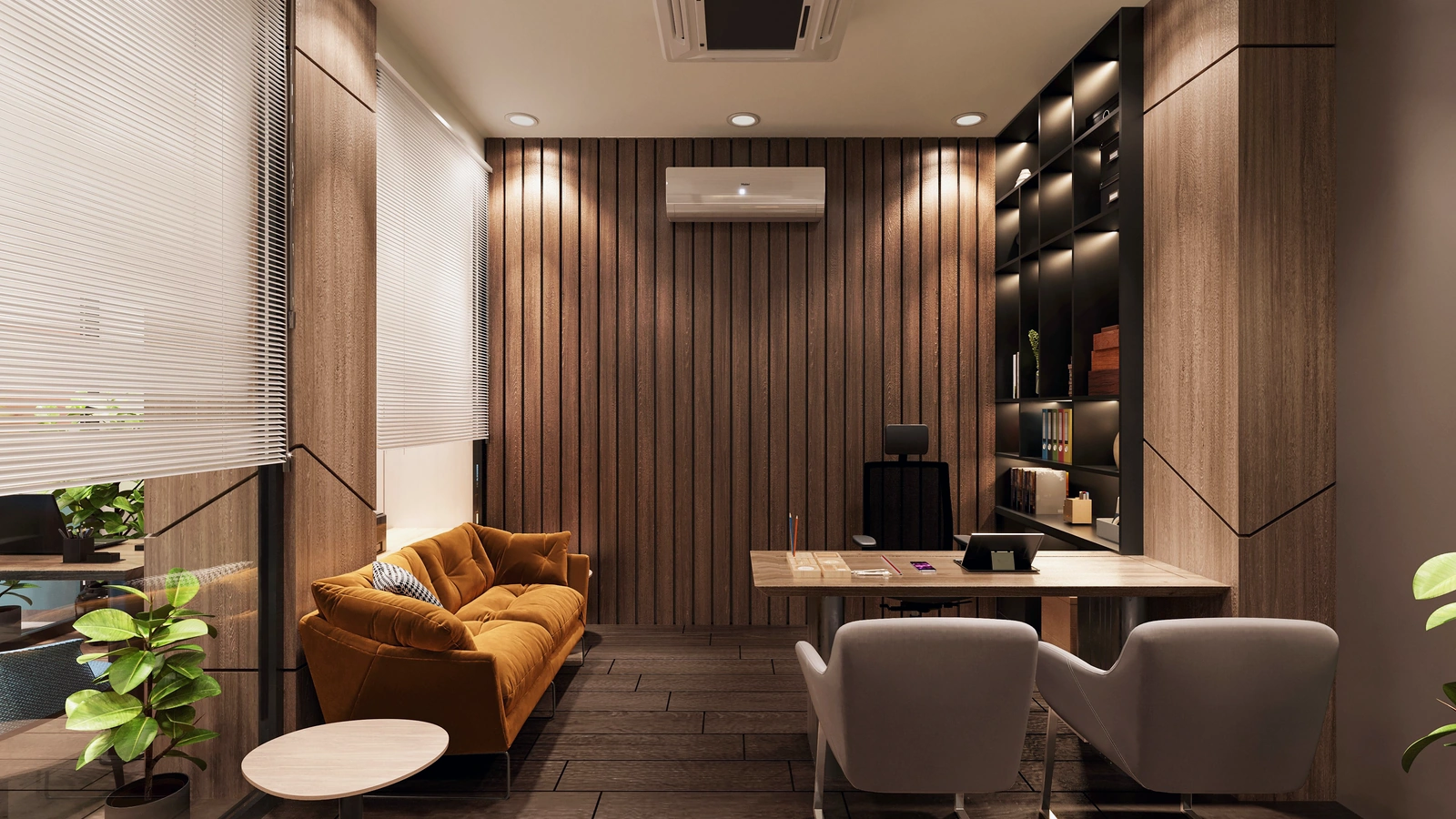 Modern commercial office interior with custom wood paneling, cabinetry, and finish carpentry.