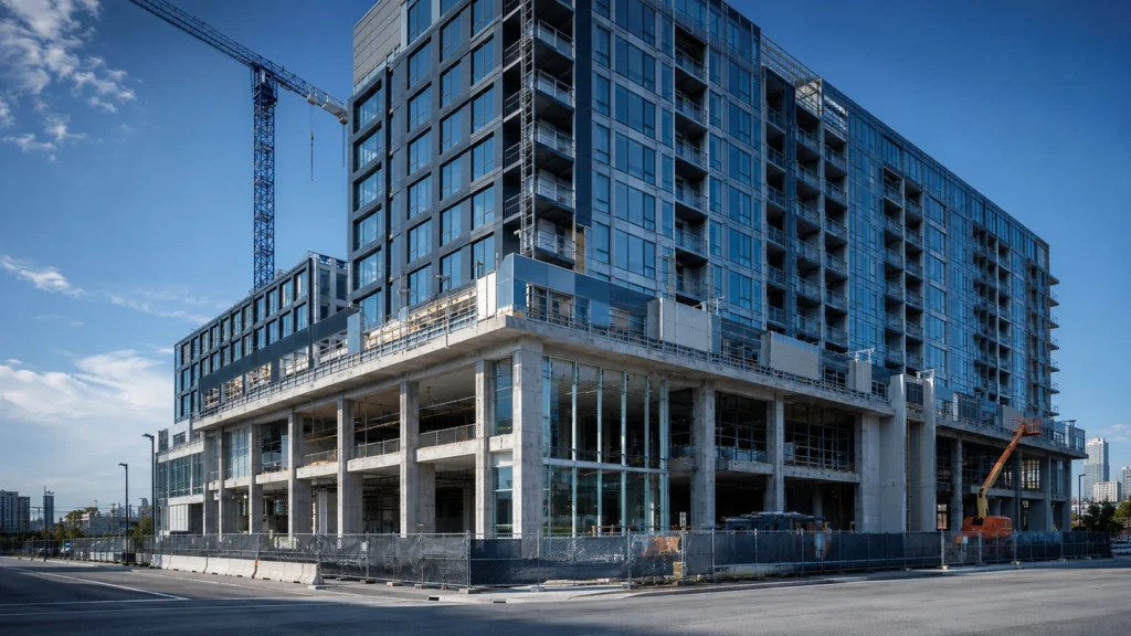 Mixed-use development under construction with ground-floor commercial space and upper residential or office floors.