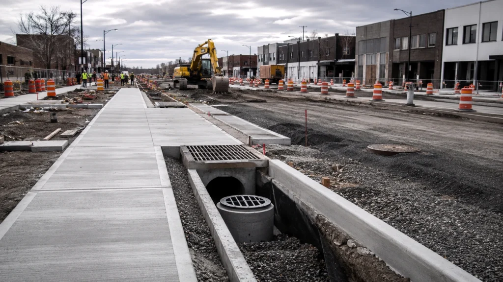 Municipal public works project with roadway reconstruction, sidewalks, curbs, drainage structures, utility work, and traffic control.