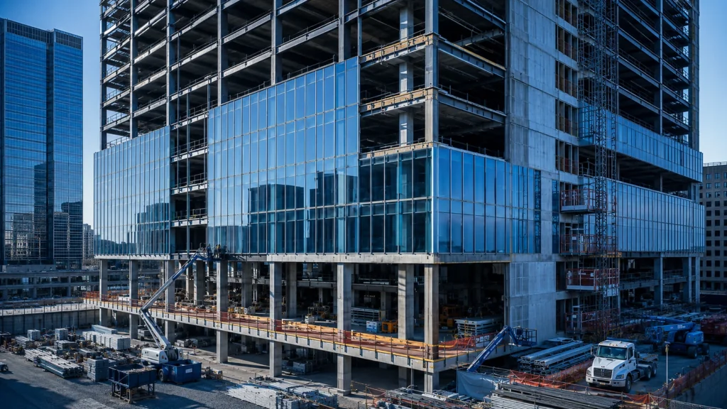Commercial office building under construction with exposed concrete floors and curtain wall glazing installation.