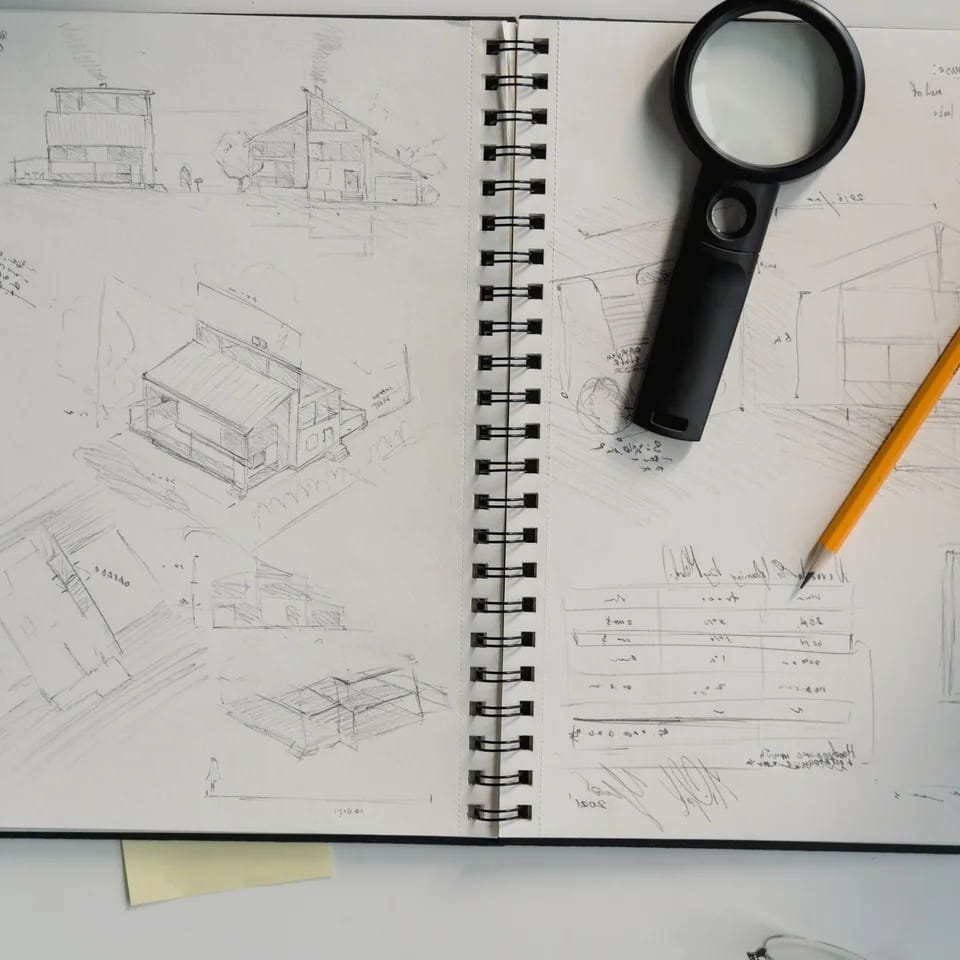 Early architectural sketches and design notes used for conceptual estimating