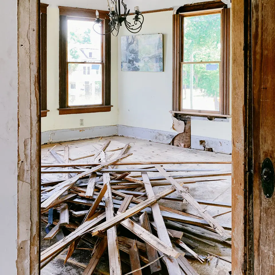 Gutted interior showing existing conditions during a renovation project