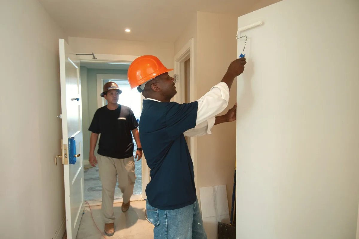 Construction crew working on an interior renovation project in the United States