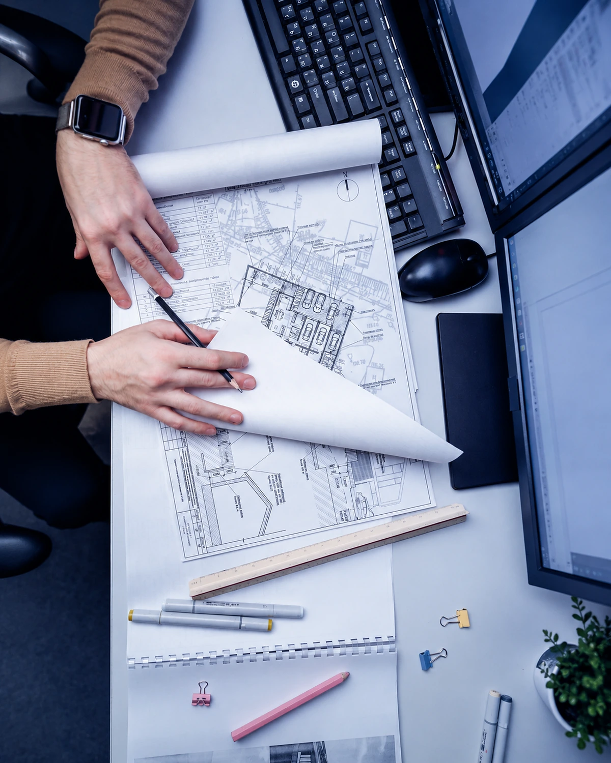 Estimator reviewing residential construction drawings and project scope at a workstation.