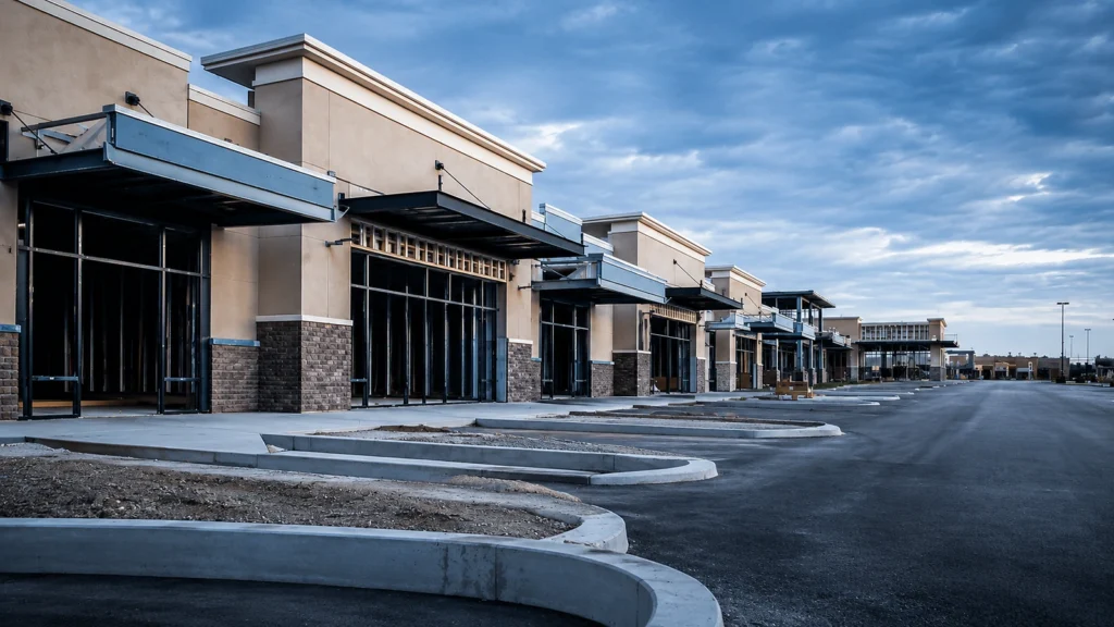 Retail shopping center under construction with unfinished storefront bays, canopies, curbs, and parking areas.