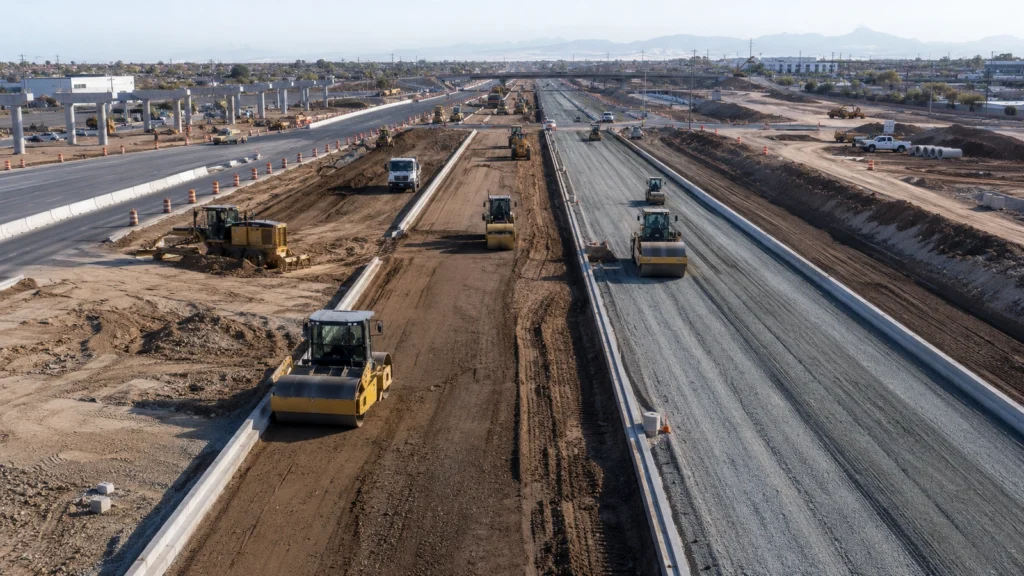 Highway construction site with grading, compacted roadway base, concrete curbs, rollers, barriers, and active civil work.