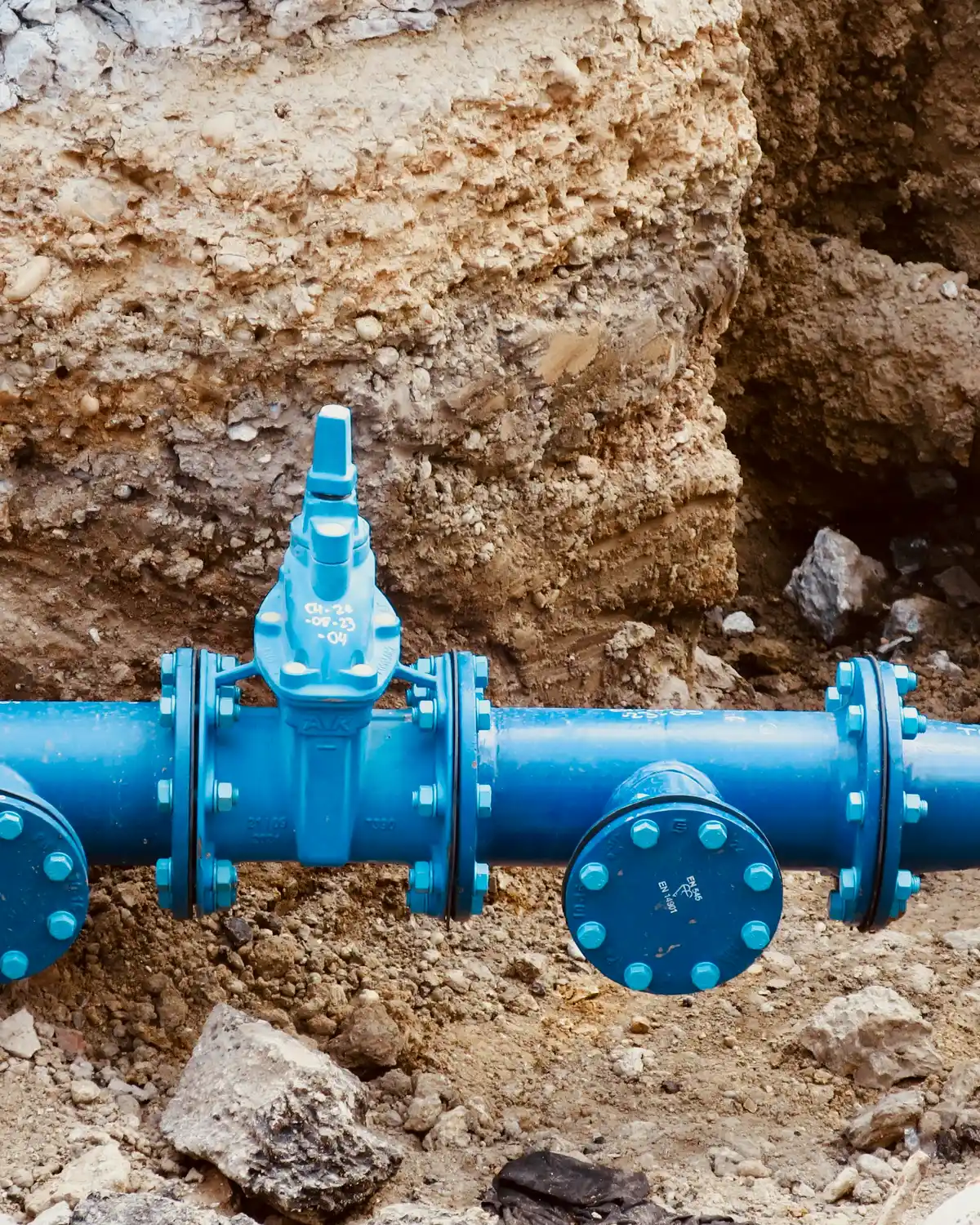 Crew installing underground utility pipe in a prepared trench