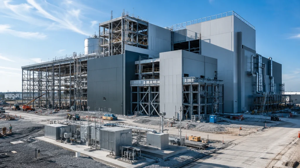 Specialized industrial facility under construction with steel framing, mechanical equipment pads, and utility infrastructure.