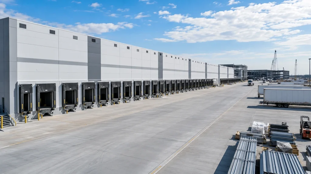 Warehouse and distribution center with multiple loading docks, truck apron, trailers, and construction materials.