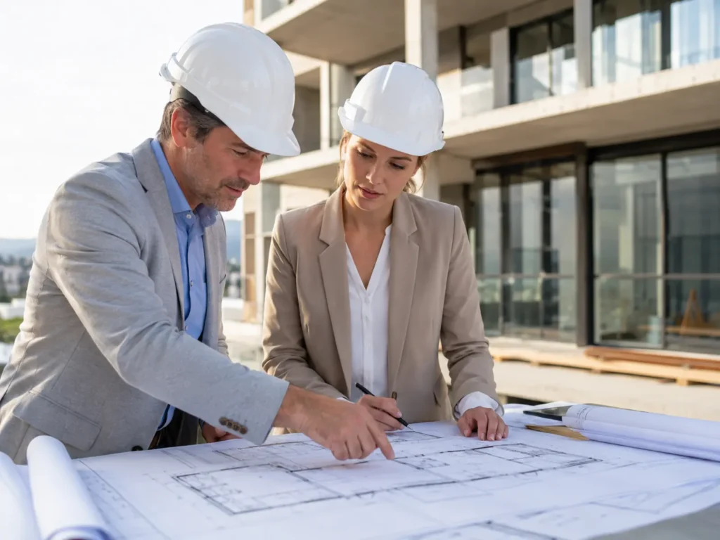Architects reviewing building drawings during an on-site design and cost review