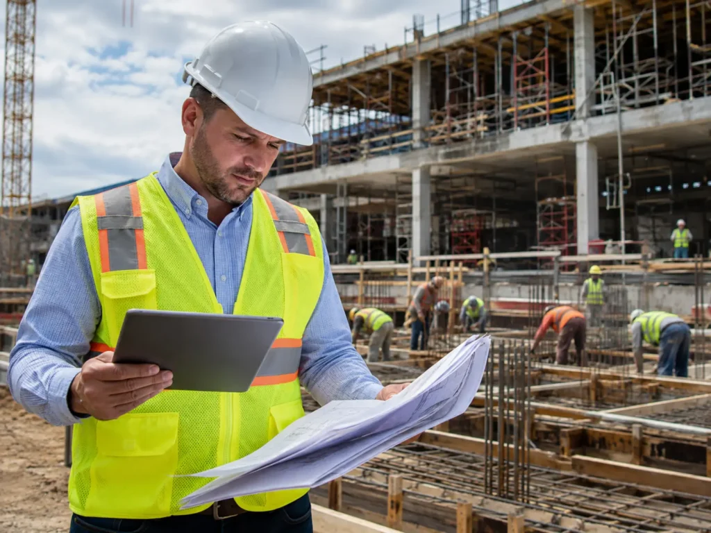 Construction manager reviewing plans and project information on an active jobsite