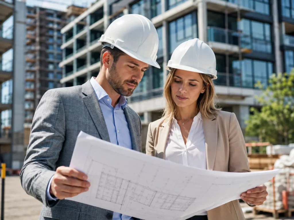 Property development team reviewing construction plans at a modern development project
