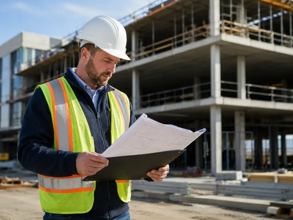General contractor reviewing construction drawings at a commercial building jobsite