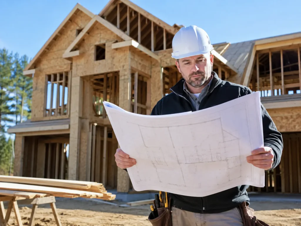Home builder reviewing residential construction plans at a framed house project