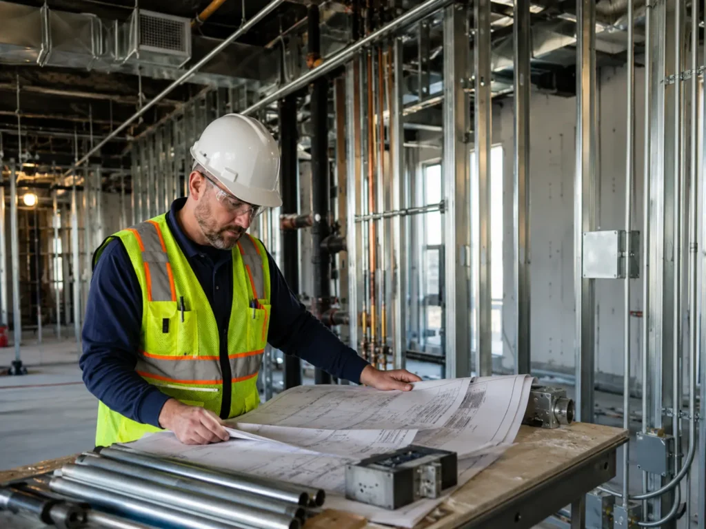 Subcontractor reviewing trade drawings inside a commercial construction project